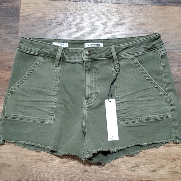 Vigoss Denim Green Marley Midrise Shorts with Frayed Hem - Picture 1 of 11